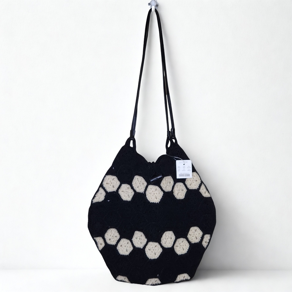 J. Crew Crochet Shoulder Bag • NEW! Black & Cream Honeycomb Hexagon Boho Bag